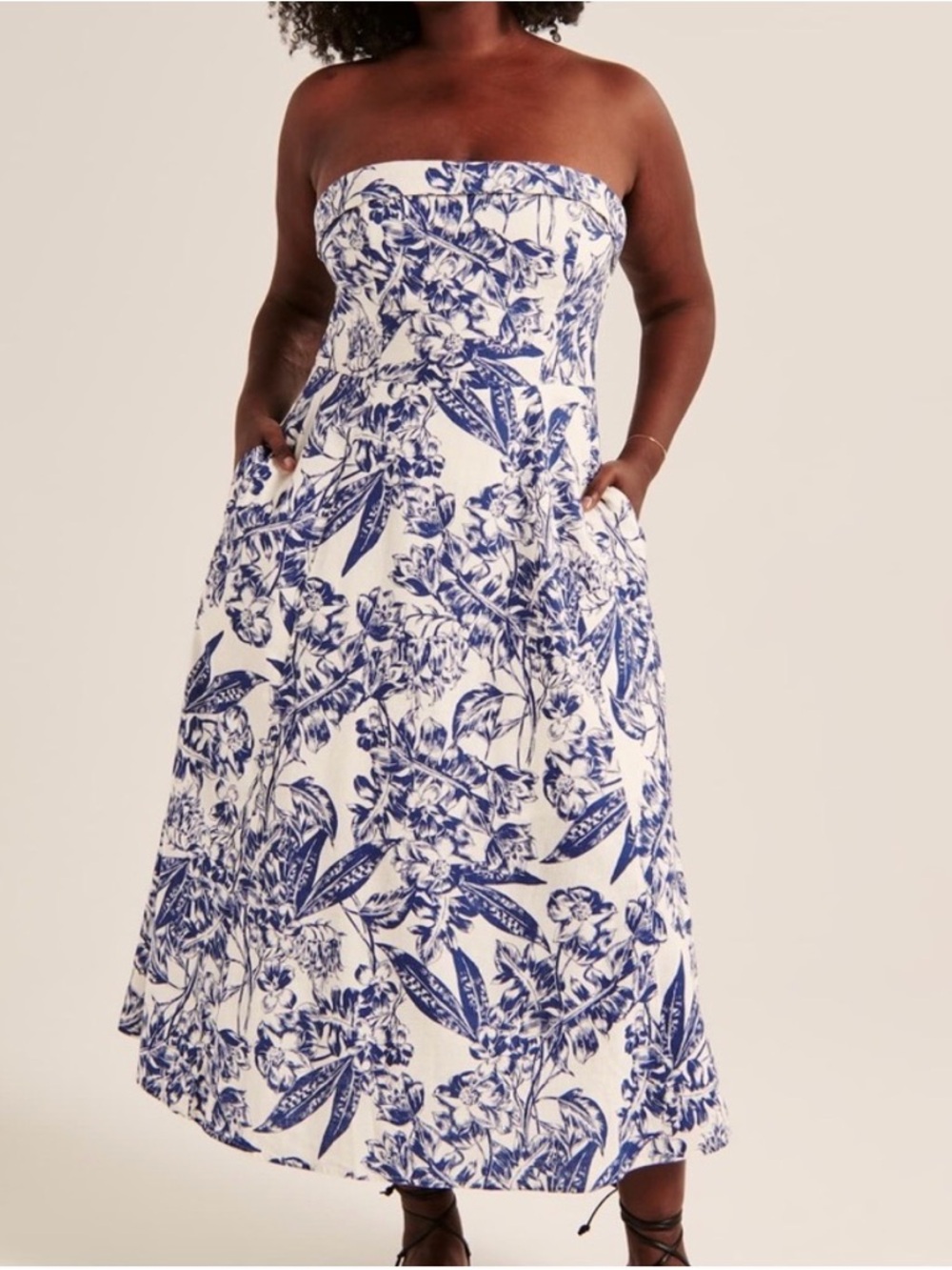 Abercrombie & Fitch Strapless Blue Floral Linen Midi Dress, Size Large